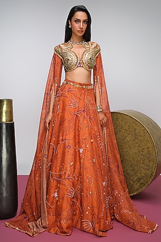 Brick Orange Organza Printed & Sequins Embroidered Lehenga Set by PAPA DONT PREACH PRET