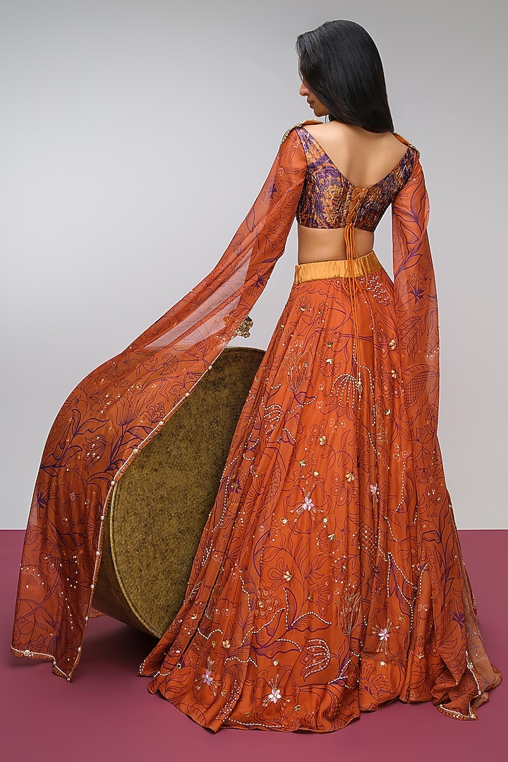 Brick Orange Organza Printed & Sequins Embroidered Bridal Lehenga Set by PAPA DONT PREACH PRET at Pernia's Pop Up Shop