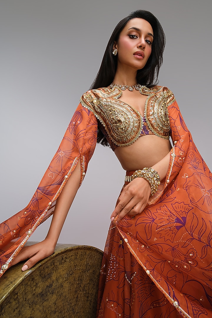 Brick Orange Organza Printed & Sequins Embroidered Bridal Lehenga Set by PAPA DONT PREACH PRET at Pernia's Pop Up Shop