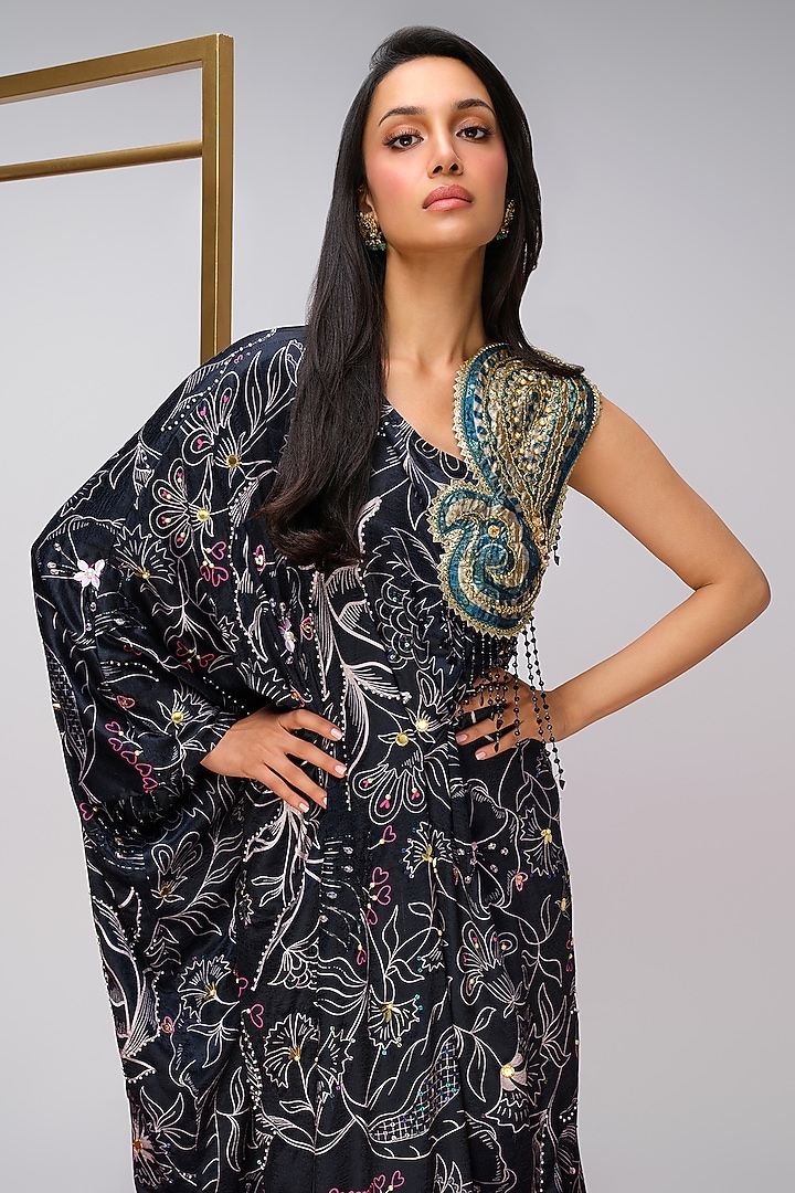 Black Luxe Satin Printed & Hand Embroidered Off-Shoulder Kaftan by PAPA DONT PREACH PRET at Pernia's Pop Up Shop