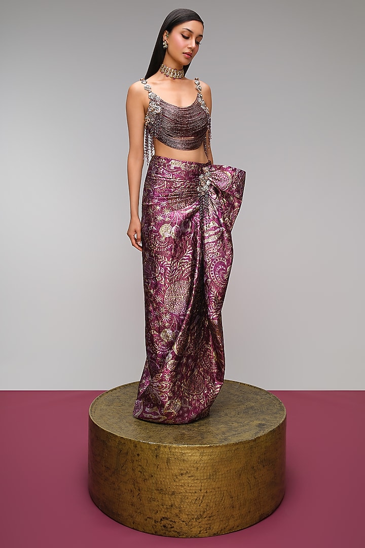 Peach Jacquard Glass Cut-Beads Embroidered Draped Skirt Set by PAPA DONT PREACH PRET at Pernia's Pop Up Shop