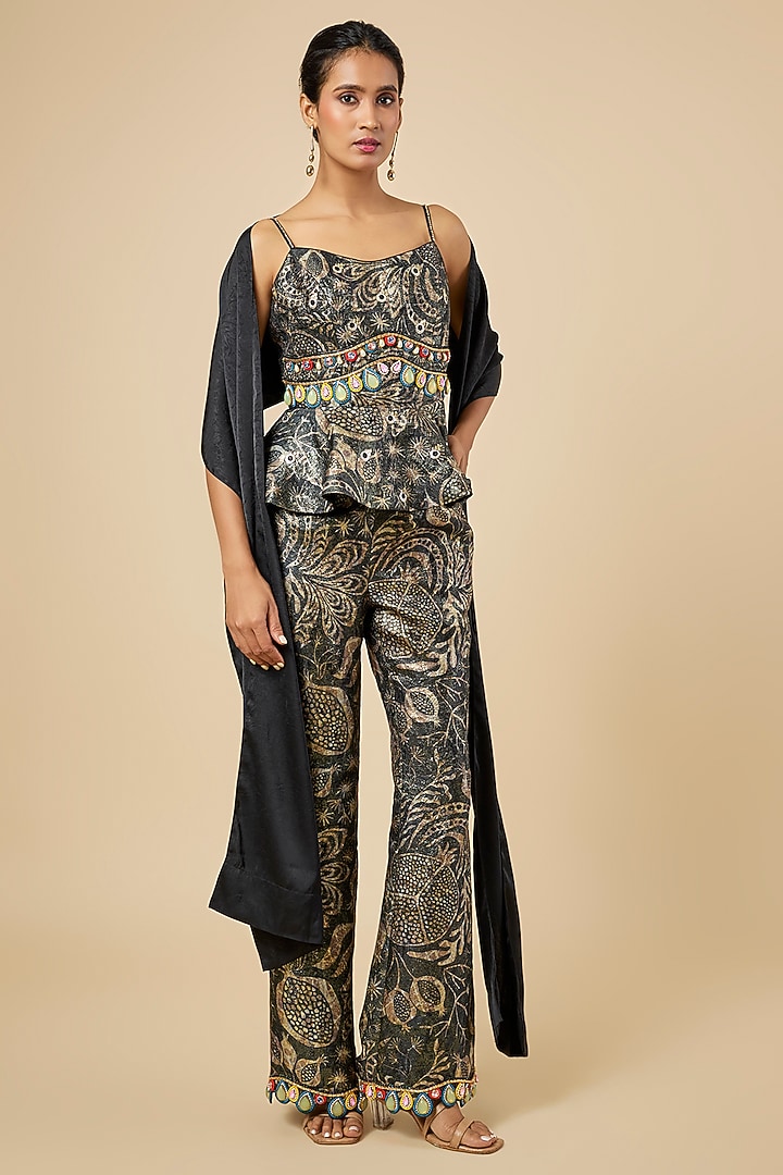 Black Jacquard & Satin Printed Pant Set by PAPA DONT PREACH PRET at Pernia's Pop Up Shop