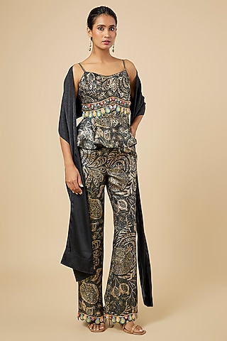 Black Jacquard & Satin Printed Pant Set by PAPA DONT PREACH PRET