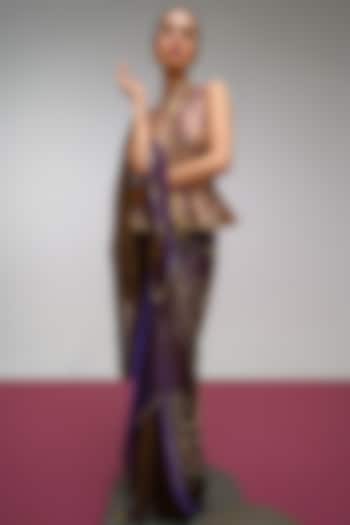 Deep Purple & Muted Green Organza Sequins Embroidered Draped Skirt Reception Saree Set by PAPA DONT PREACH PRET at Pernia's Pop Up Shop