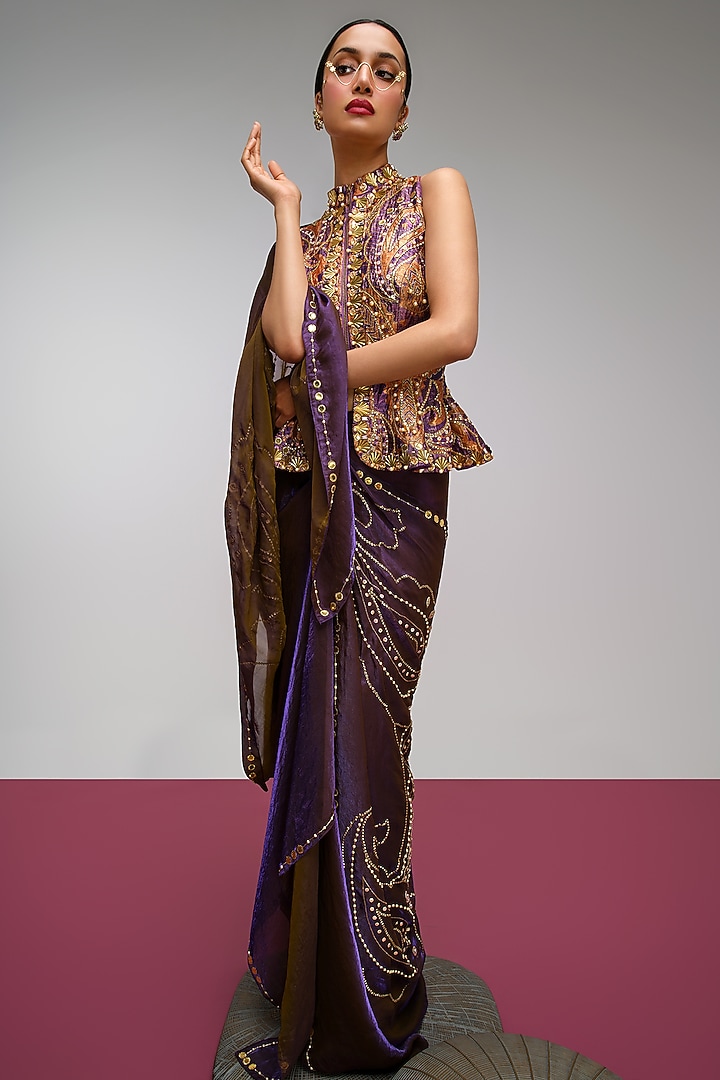 Deep Purple & Muted Green Organza Sequins Embroidered Draped Skirt Reception Saree Set by PAPA DONT PREACH PRET at Pernia's Pop Up Shop