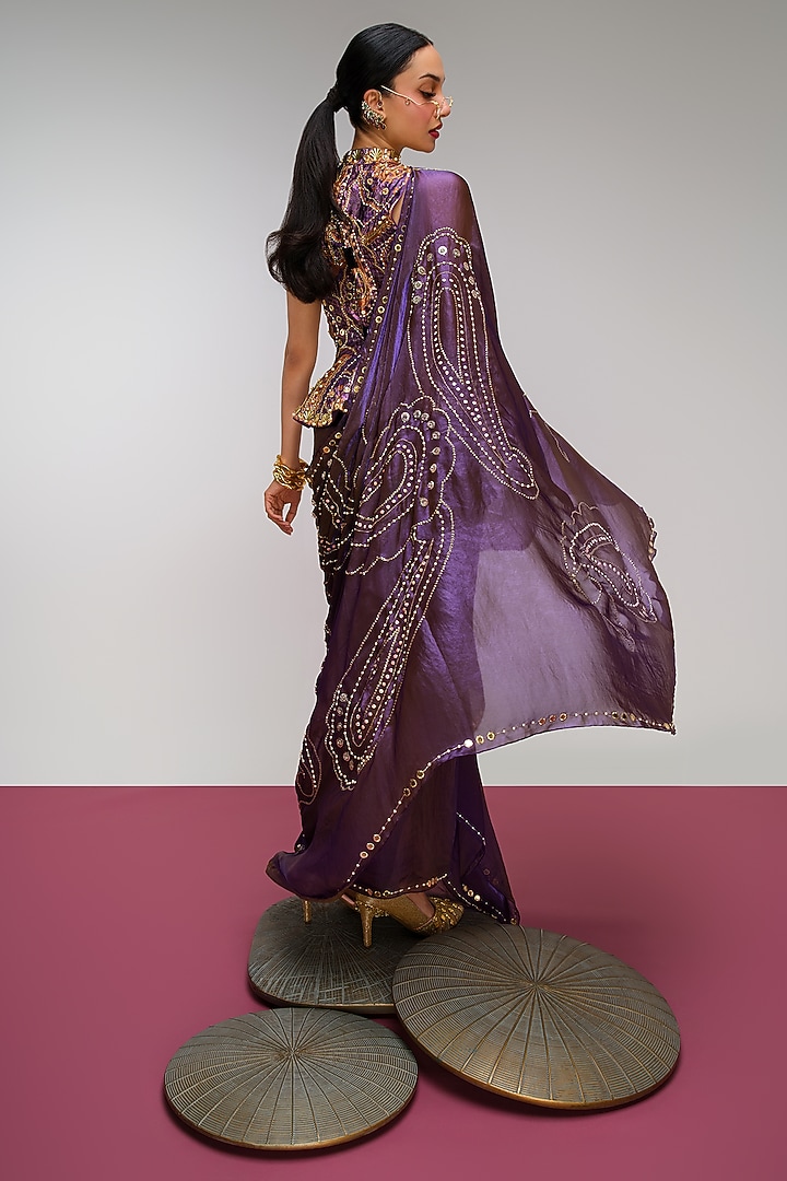 Deep Purple & Muted Green Organza Sequins Embroidered Draped Skirt Reception Saree Set by PAPA DONT PREACH PRET at Pernia's Pop Up Shop