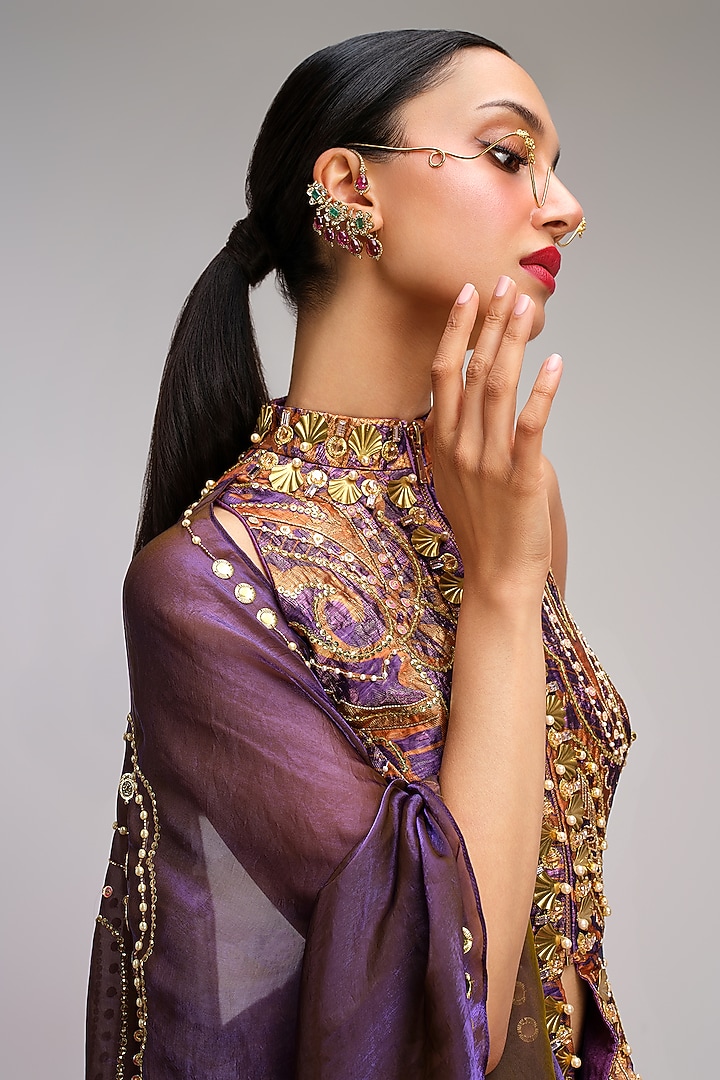Deep Purple & Muted Green Organza Sequins Embroidered Draped Skirt Reception Saree Set by PAPA DONT PREACH PRET at Pernia's Pop Up Shop
