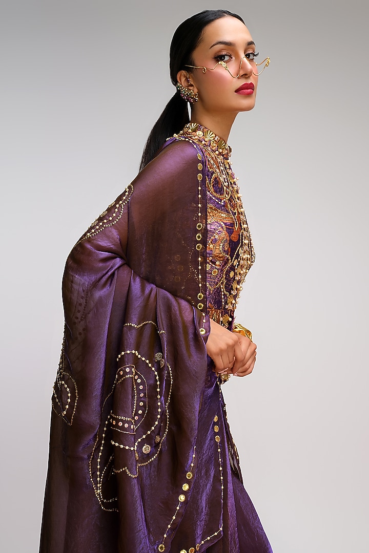 Deep Purple & Muted Green Organza Sequins Embroidered Draped Skirt Reception Saree Set by PAPA DONT PREACH PRET at Pernia's Pop Up Shop