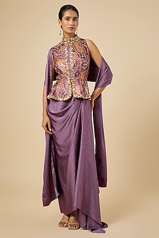 Mauve Satin Draped Skirt Set by PAPA DONT PREACH PRET