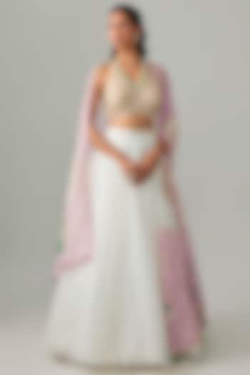 Ivory Tulle & Organza Floral Applique Embellished Bridal Lehenga Set by PAPA DONT PREACH PRET at Pernia's Pop Up Shop