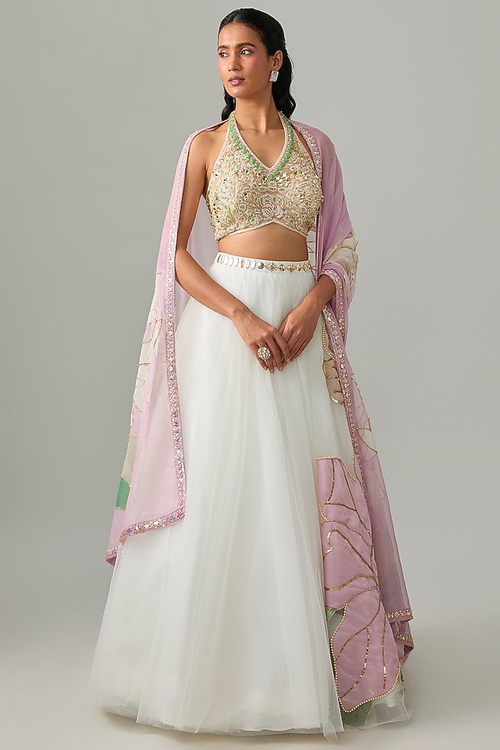 Ivory Tulle & Organza Floral Applique Embellished Bridal Lehenga Set by PAPA DONT PREACH PRET at Pernia's Pop Up Shop
