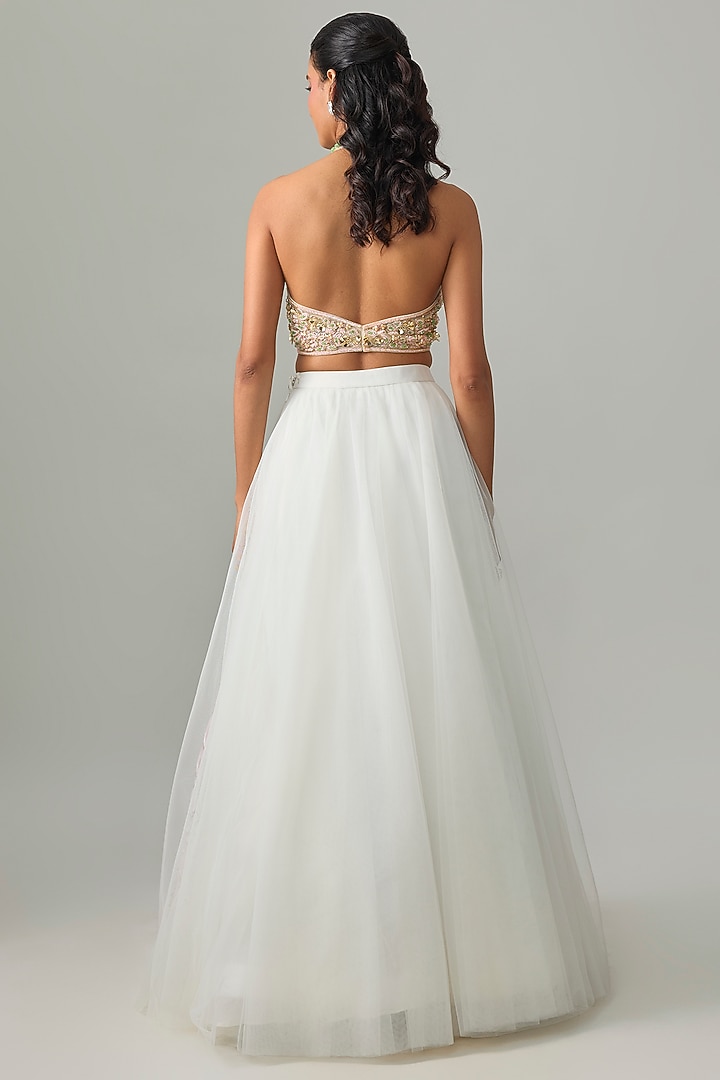 Ivory Tulle & Organza Floral Applique Embellished Bridal Lehenga Set by PAPA DONT PREACH PRET at Pernia's Pop Up Shop