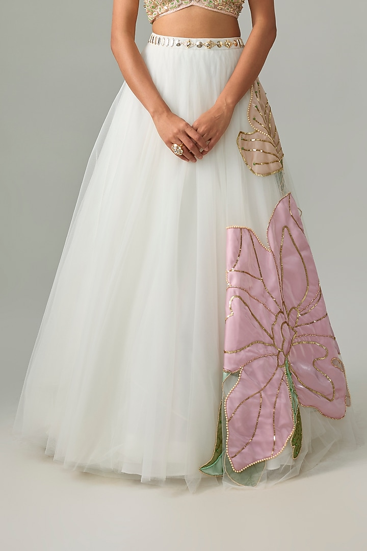 Ivory Tulle & Organza Floral Applique Embellished Bridal Lehenga Set by PAPA DONT PREACH PRET at Pernia's Pop Up Shop