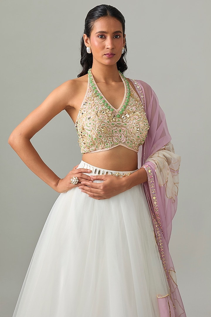 Ivory Tulle & Organza Floral Applique Embellished Bridal Lehenga Set by PAPA DONT PREACH PRET at Pernia's Pop Up Shop