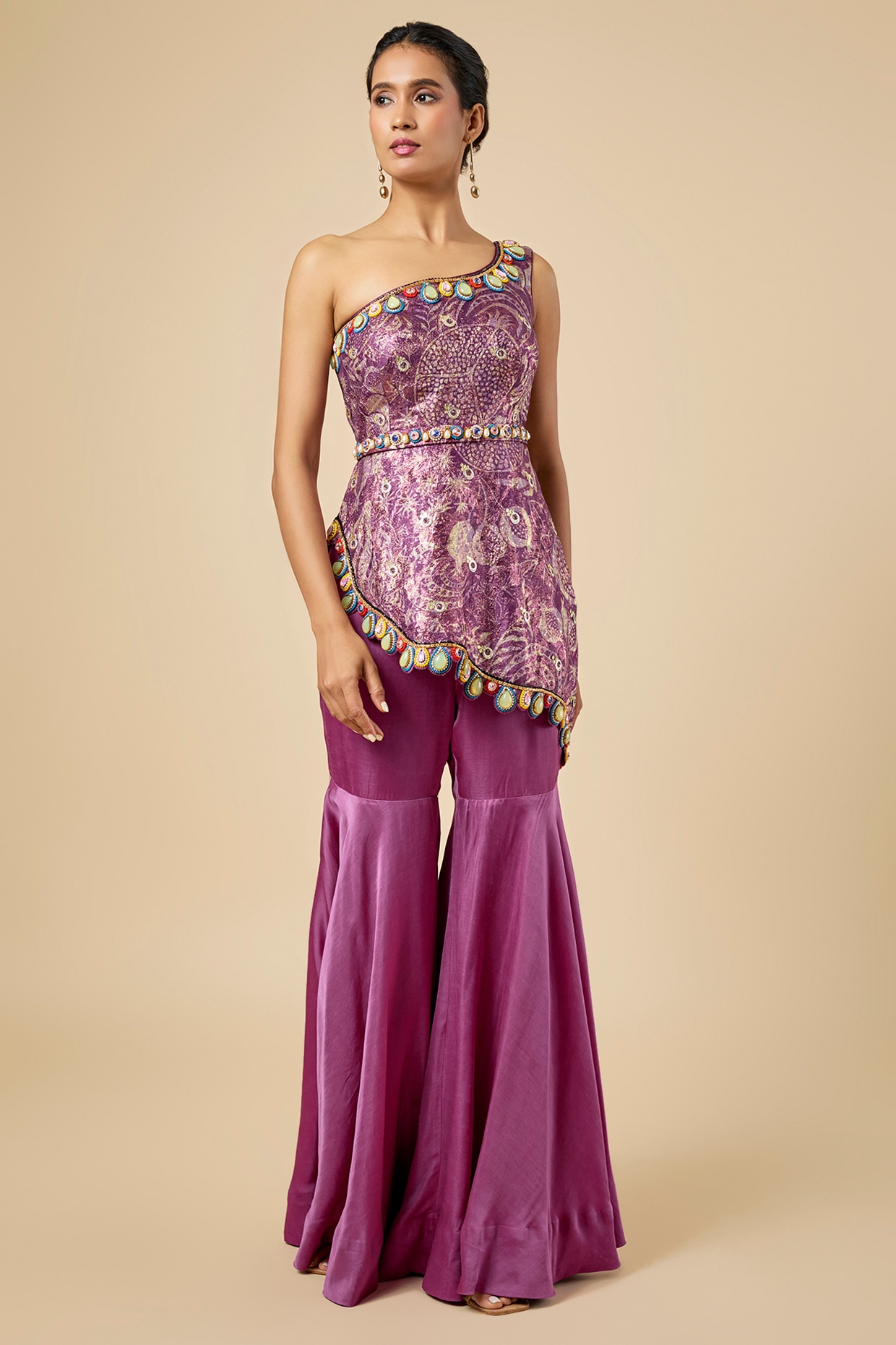 PAPA DONT PREACH PRET Deep Wine Jacquard & Satin Embellished One-Shoulder Kurta Set
