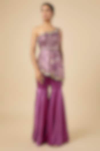 Deep Wine Jacquard & Satin Embellished One-Shoulder Kurta Set by PAPA DONT PREACH PRET at Pernia's Pop Up Shop