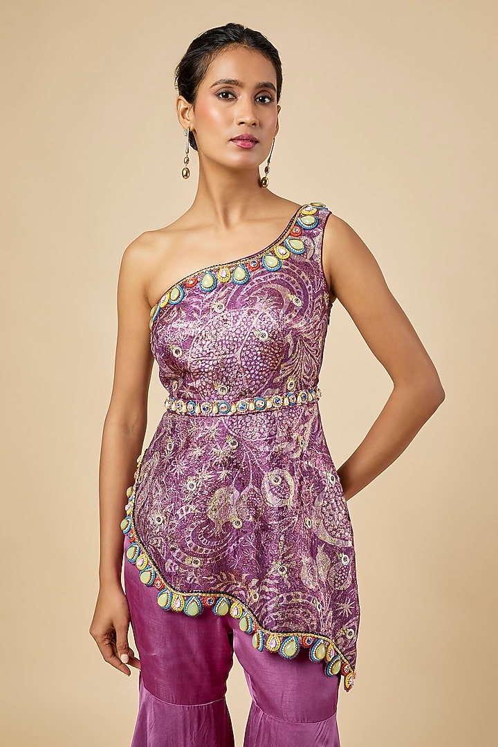 Deep Wine Jacquard & Satin Embellished One-Shoulder Kurta Set by PAPA DONT PREACH PRET at Pernia's Pop Up Shop