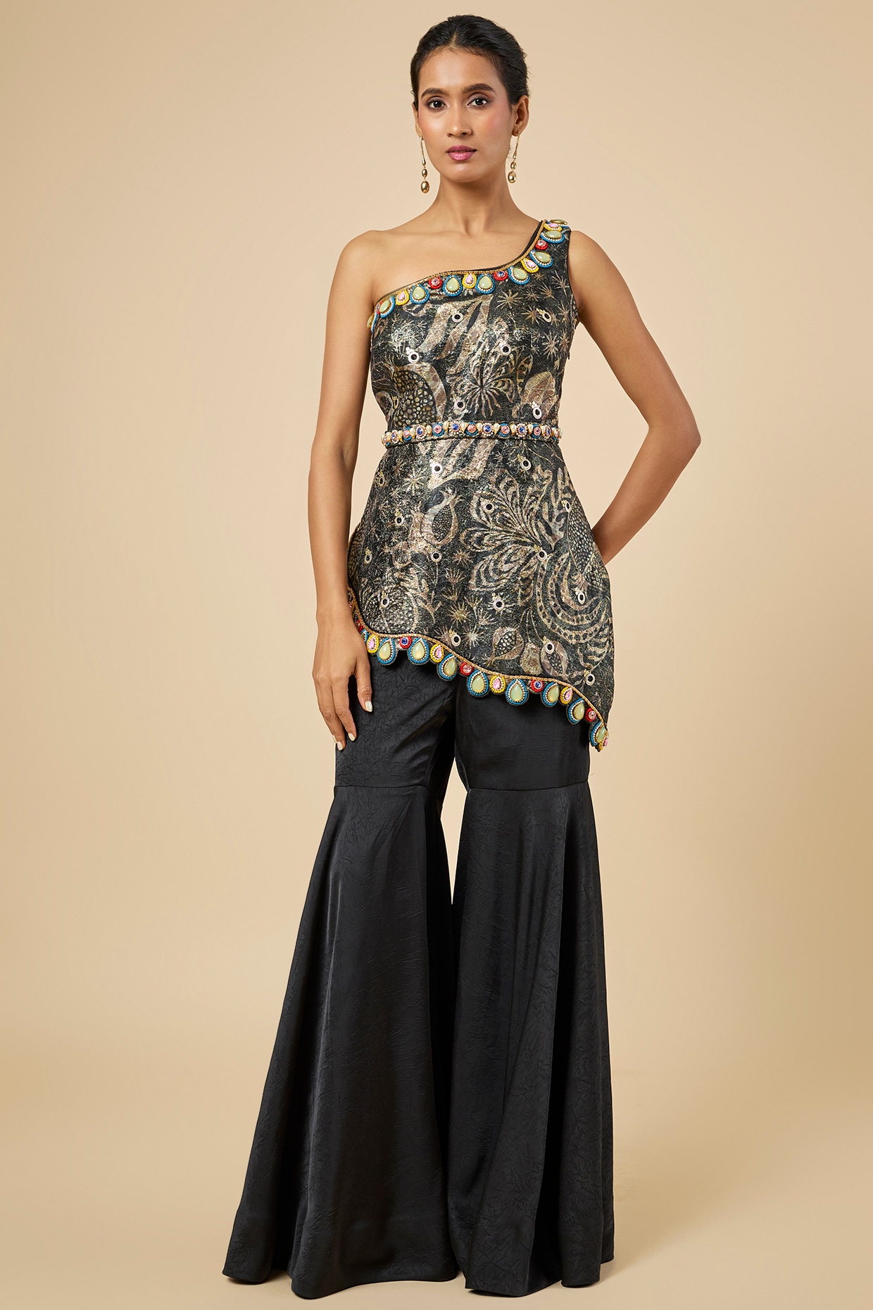 PAPA DONT PREACH PRET Black Jacquard & Satin Embellished One-Shoulder Kurta Set