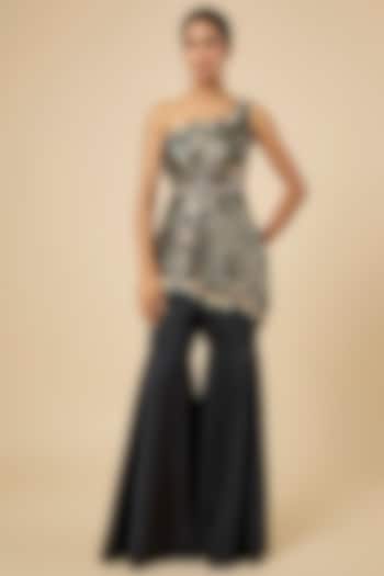 Black Jacquard & Satin Embellished One-Shoulder Kurta Set by PAPA DONT PREACH PRET at Pernia's Pop Up Shop