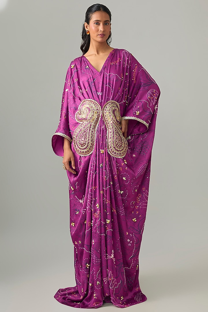 Wine Silk Sequins Embroidered Kaftan by PAPA DONT PREACH PRET at Pernia's Pop Up Shop