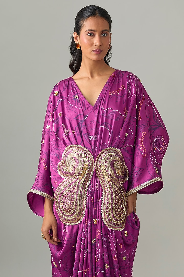 Wine Silk Sequins Embroidered Kaftan by PAPA DONT PREACH PRET at Pernia's Pop Up Shop