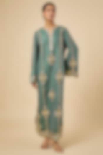 Green Silk Hand Embroidered Kaftan by PAPA DONT PREACH PRET at Pernia's Pop Up Shop