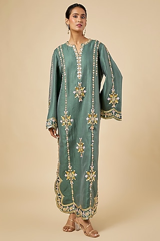 Green Silk Hand Embroidered Kaftan by PAPA DONT PREACH PRET
