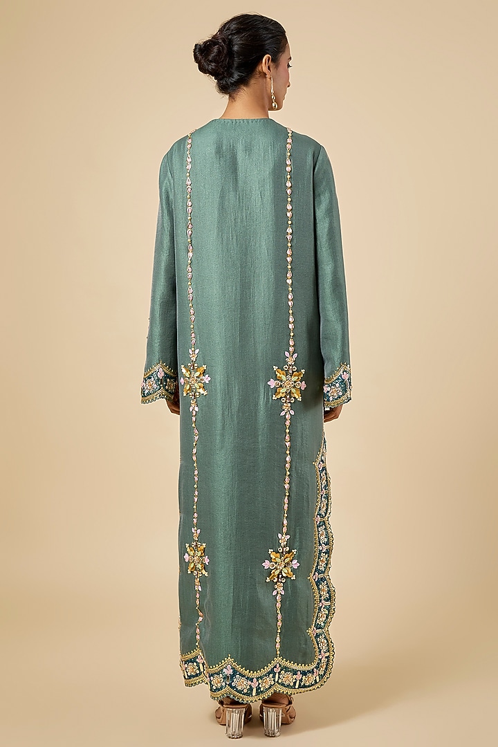 Green Silk Hand Embroidered Kaftan by PAPA DONT PREACH PRET at Pernia's Pop Up Shop