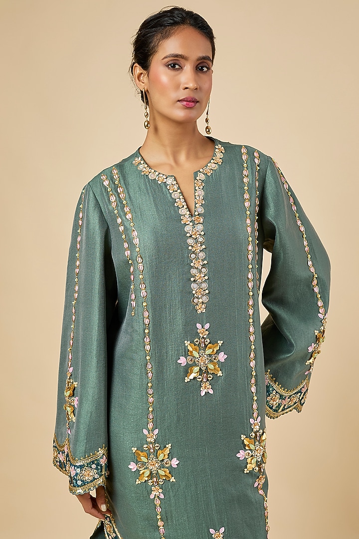 Green Silk Hand Embroidered Kaftan by PAPA DONT PREACH PRET at Pernia's Pop Up Shop