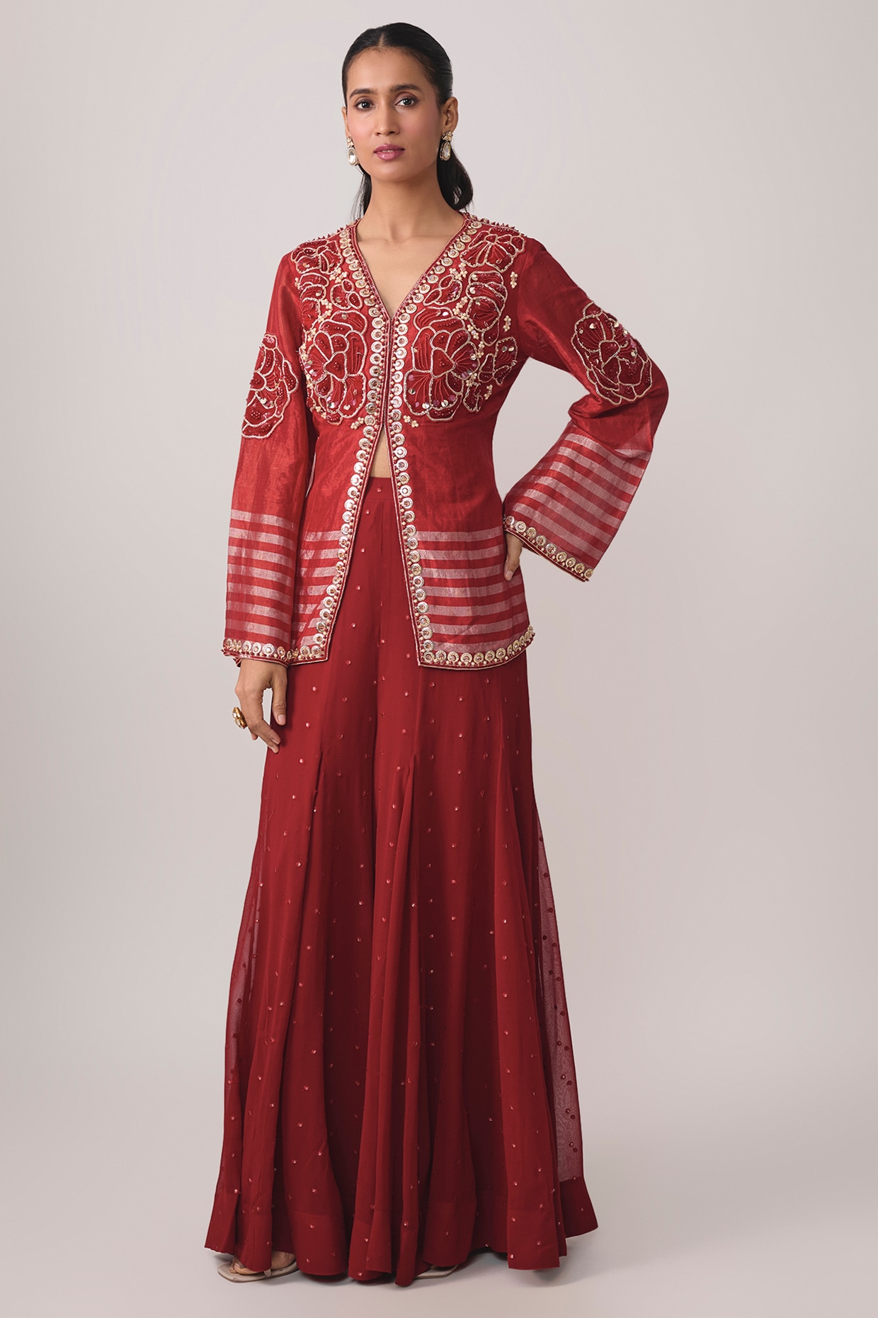 PAPA DONT PREACH PRET Red Tissue & Georgette Sequins Embroidered Crop Jacket Set