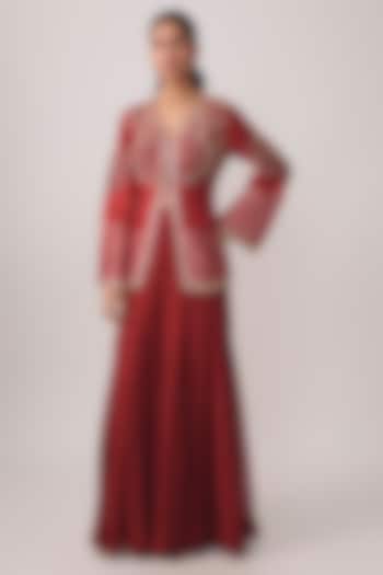 Red Tissue & Georgette Sequins Embroidered Crop Jacket Set by PAPA DONT PREACH PRET at Pernia's Pop Up Shop