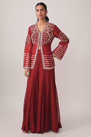 Red Tissue & Georgette Sequins Embroidered Crop Jacket Set by PAPA DONT PREACH PRET