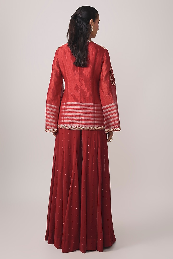 Red Tissue & Georgette Sequins Embroidered Crop Jacket Set by PAPA DONT PREACH PRET at Pernia's Pop Up Shop