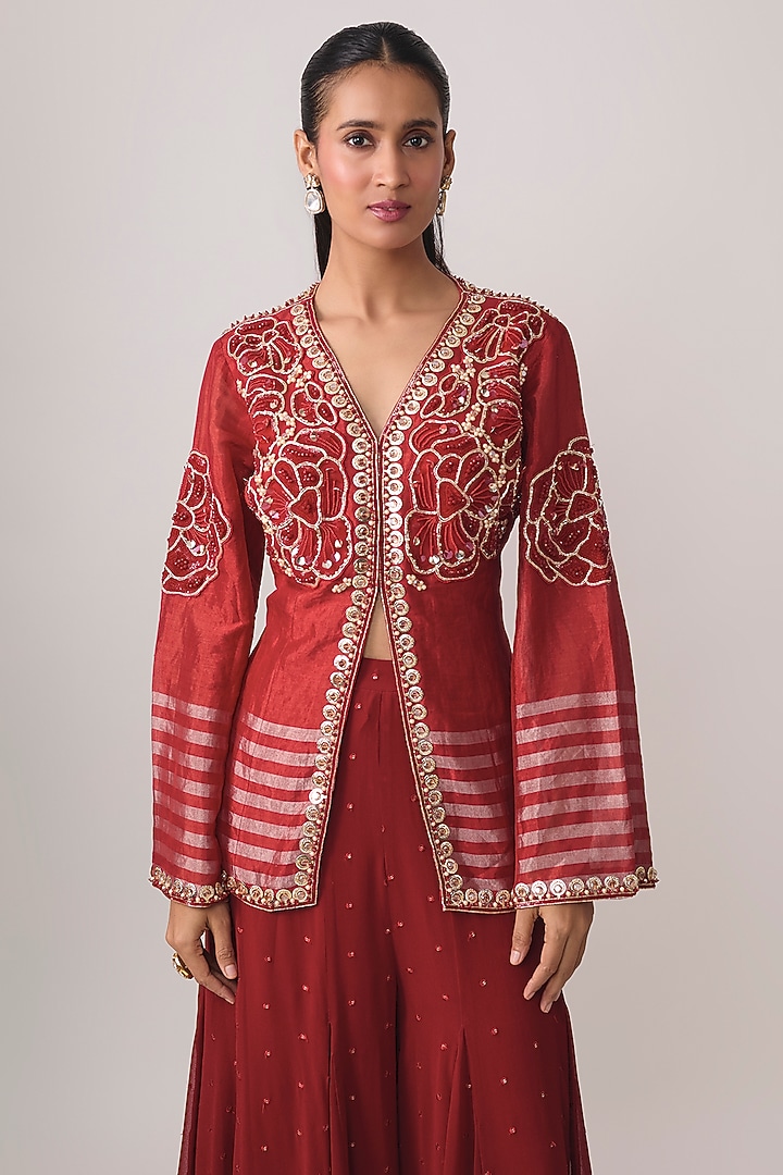 Red Tissue & Georgette Sequins Embroidered Crop Jacket Set by PAPA DONT PREACH PRET at Pernia's Pop Up Shop