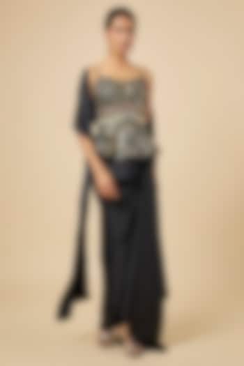 Black Crushed Satin Draped Skirt Set by PAPA DONT PREACH PRET at Pernia's Pop Up Shop