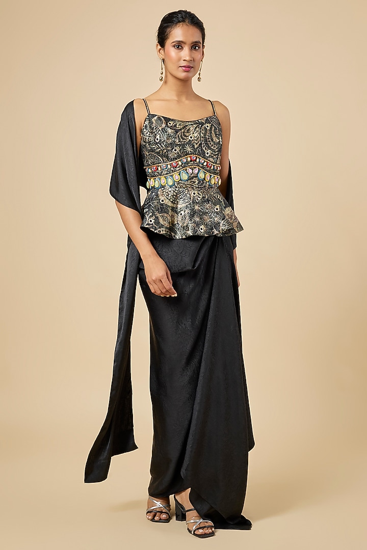 Black Crushed Satin Draped Skirt Set by PAPA DONT PREACH PRET at Pernia's Pop Up Shop