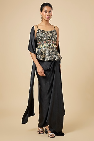 Black Crushed Satin Draped Skirt Set by PAPA DONT PREACH PRET