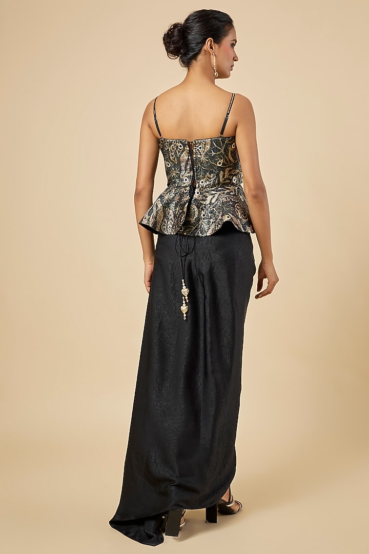 Black Crushed Satin Draped Skirt Set by PAPA DONT PREACH PRET at Pernia's Pop Up Shop