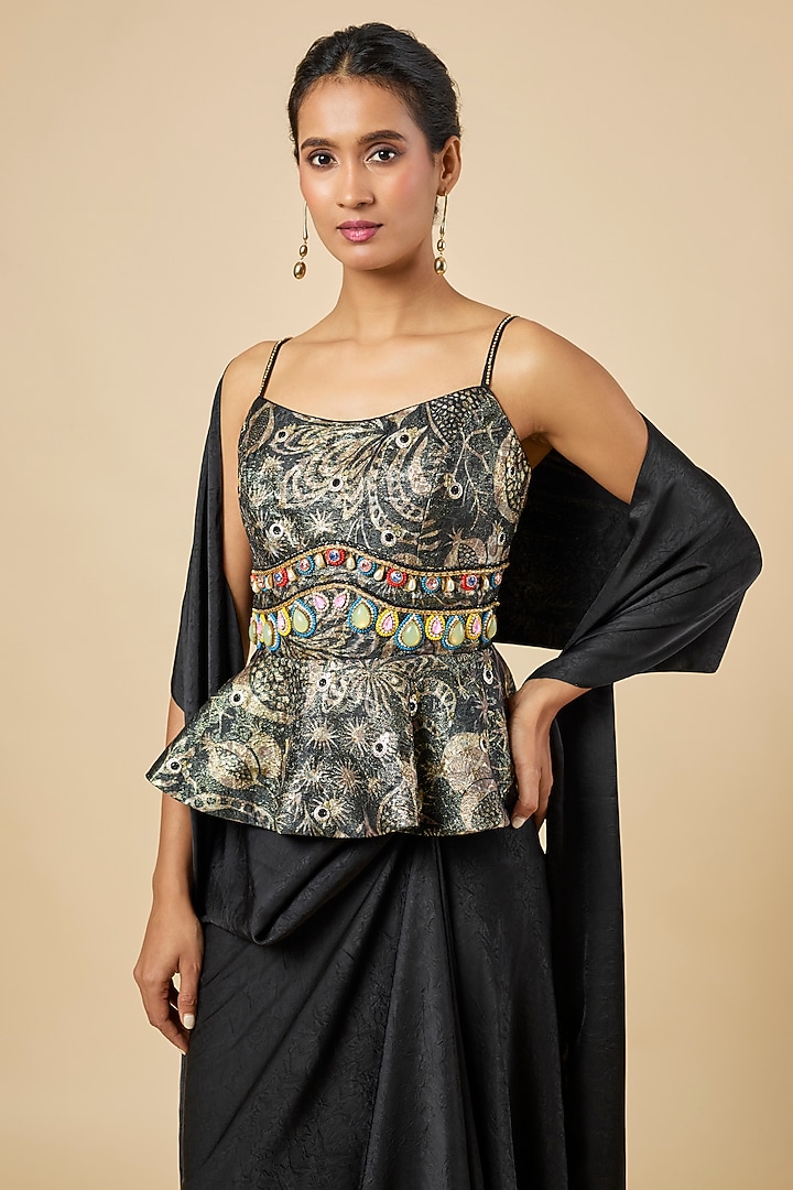 Black Crushed Satin Draped Skirt Set by PAPA DONT PREACH PRET at Pernia's Pop Up Shop