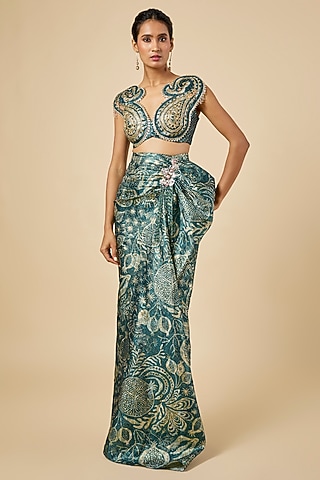 Deep Green Jacquard Draped Skirt Set by PAPA DONT PREACH PRET