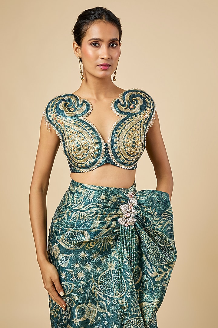Deep Green Jacquard Draped Skirt Set by PAPA DONT PREACH PRET at Pernia's Pop Up Shop