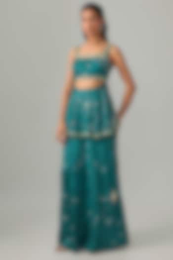 Teal Satin Flared Pant Set by PAPA DONT PREACH PRET at Pernia's Pop Up Shop