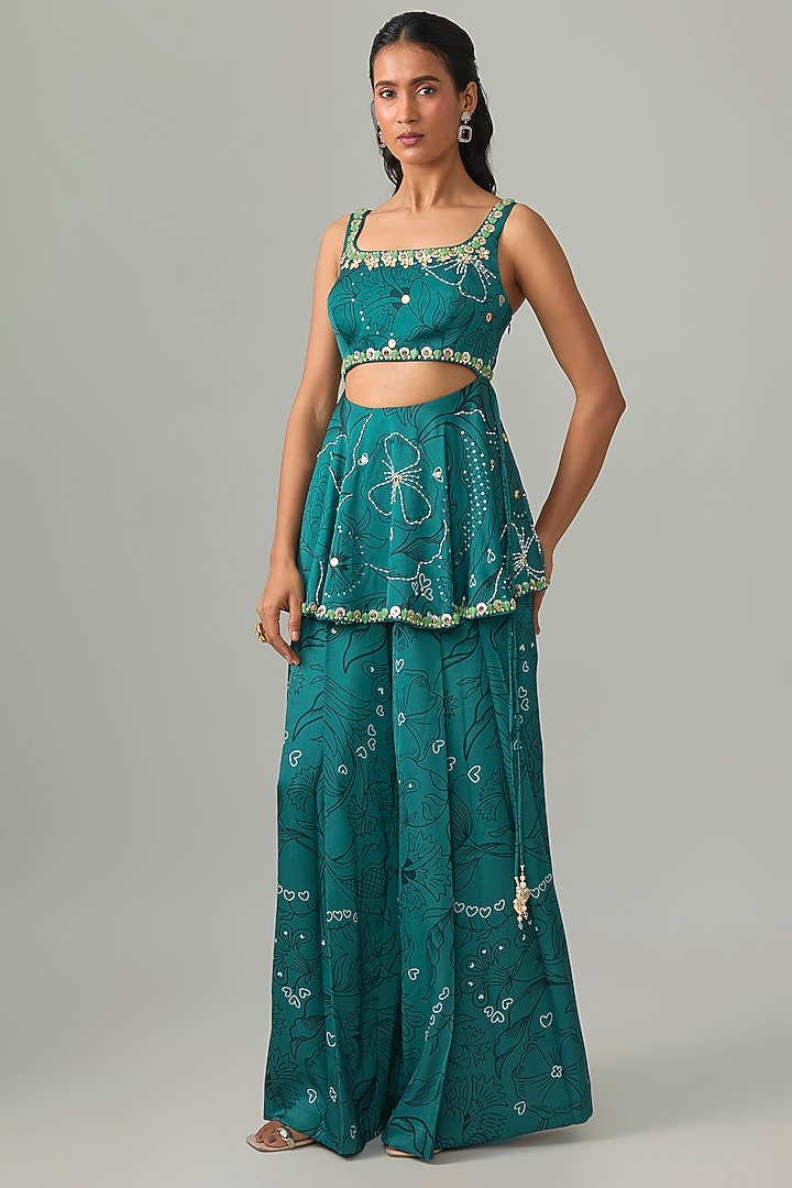 Teal Satin Flared Pant Set by PAPA DONT PREACH PRET at Pernia's Pop Up Shop