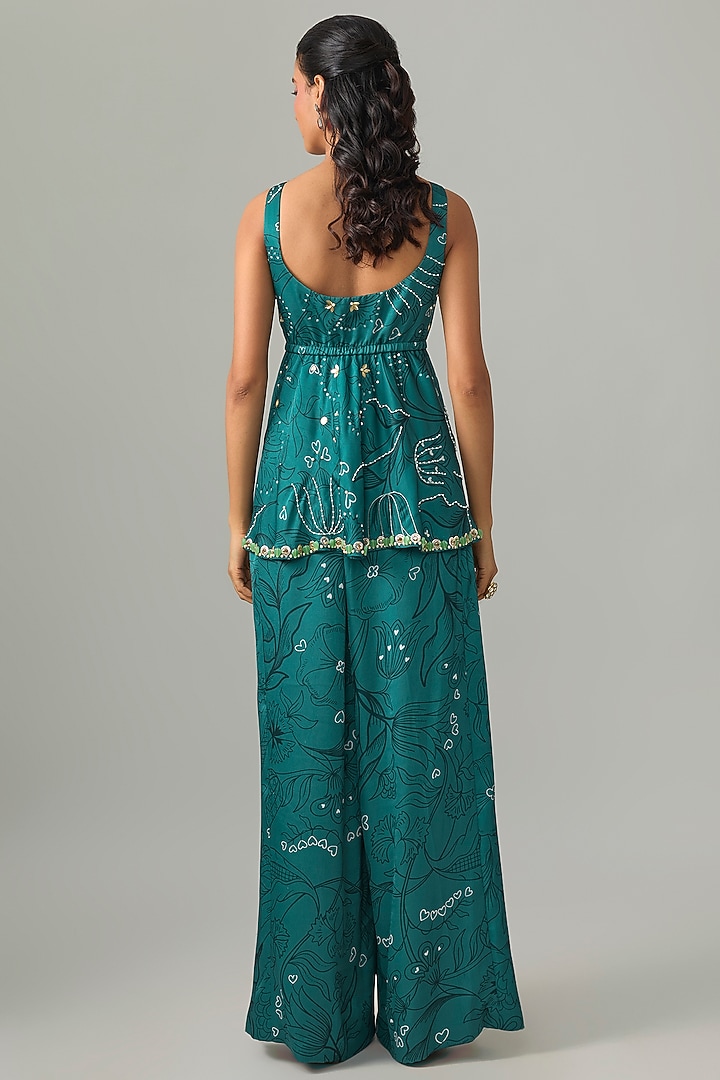 Teal Satin Flared Pant Set by PAPA DONT PREACH PRET at Pernia's Pop Up Shop