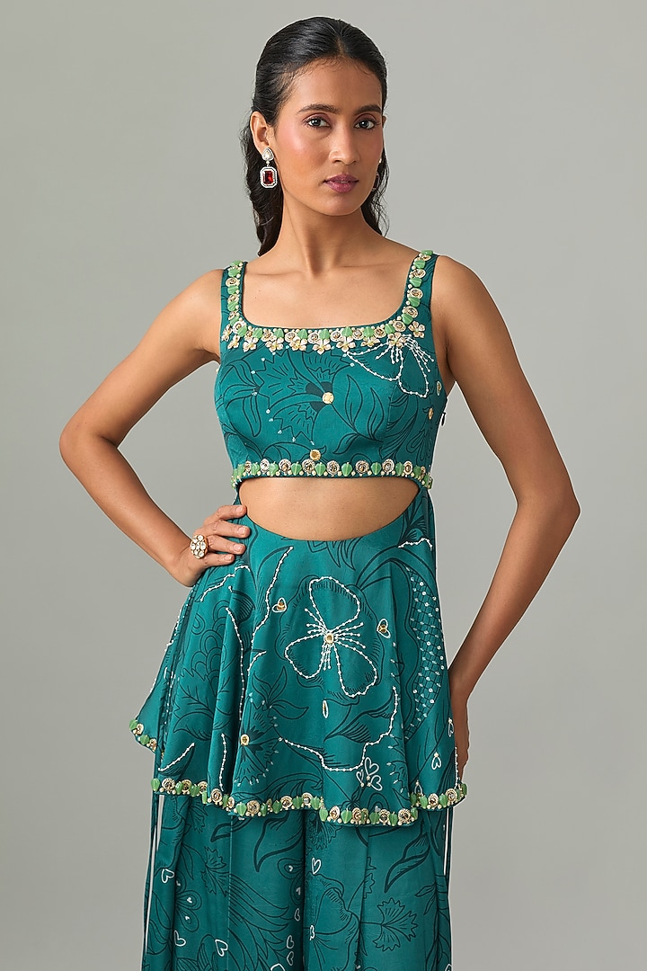 Teal Satin Flared Pant Set by PAPA DONT PREACH PRET at Pernia's Pop Up Shop