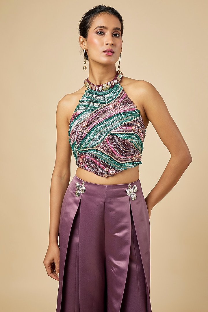 Wine Satin Pant Set by PAPA DONT PREACH PRET at Pernia's Pop Up Shop