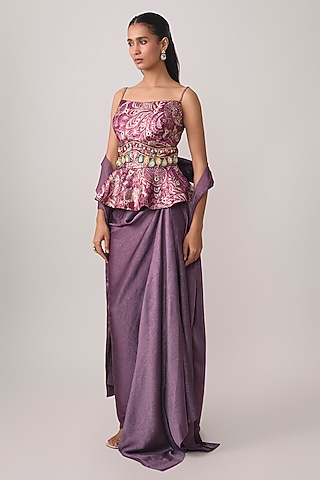 Wine Jacquard & Satin Draped Skirt Set by PAPA DONT PREACH PRET