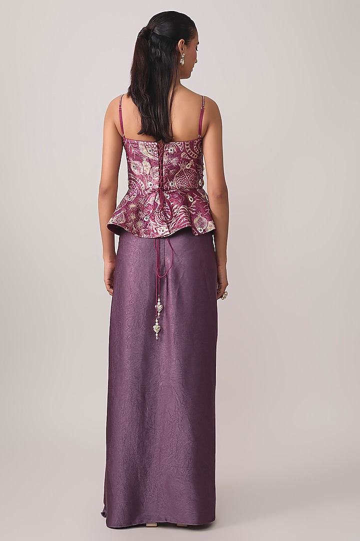 Wine Jacquard & Satin Draped Skirt Set by PAPA DONT PREACH PRET at Pernia's Pop Up Shop