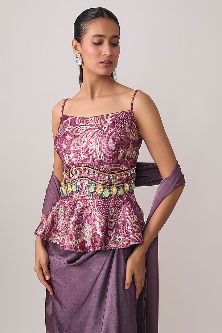 Wine Jacquard & Satin Draped Skirt Set by PAPA DONT PREACH PRET at Pernia's Pop Up Shop