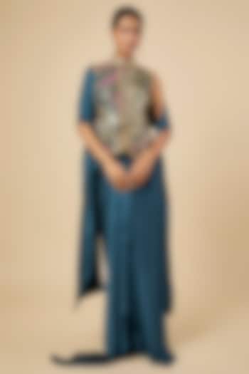 Sapphire Blue Crushed Satin Draped Skirt Set by PAPA DONT PREACH PRET at Pernia's Pop Up Shop